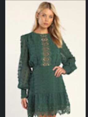 Lulu's Forest Green Lace Long-Sleeve Mini Dress